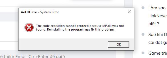 Máy chạy Game AOE DE bản Online báo thiếu file mf.dll dù đã cài đủ PM hỗ trợ theo FAQ