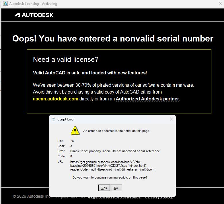 Lỗi "You have entered a nonvalid serial number"