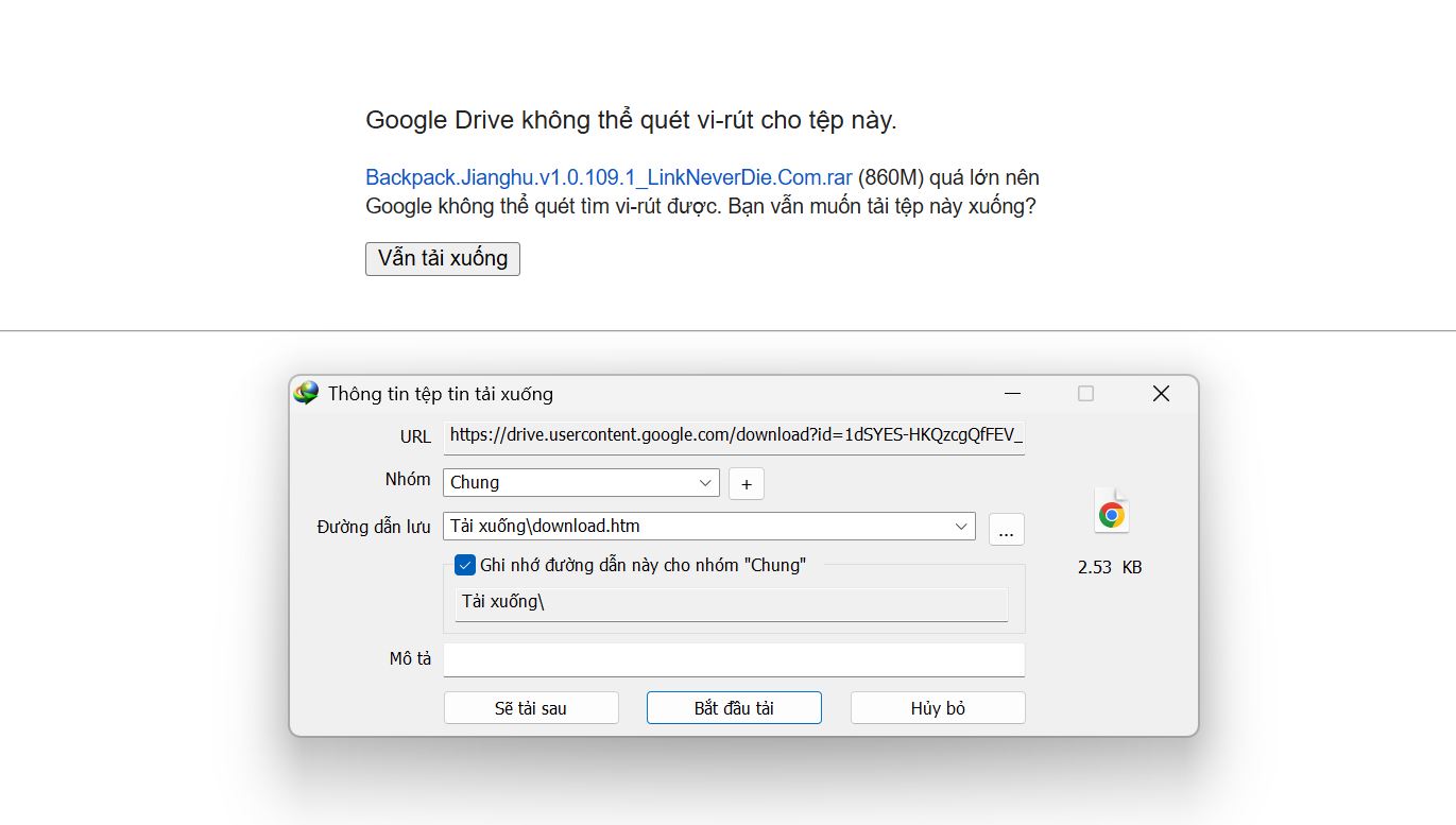 IDM không thể bắt được file trên drive